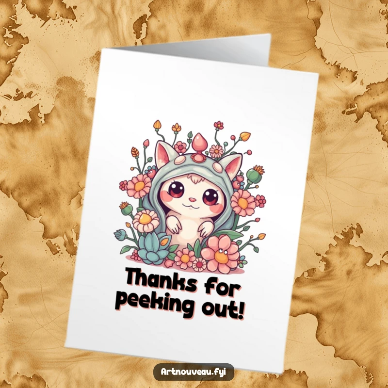 Funny Free Printable Thank You Card: A curious creature peeking from behind elaborate, beautifully designed organic embellishments.