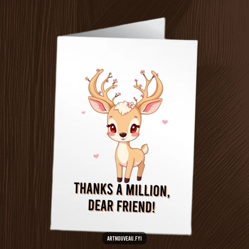 Funny Free Printable Thank You Card: A playful deer with blossom-adorned antlers, offering gentle thanks.