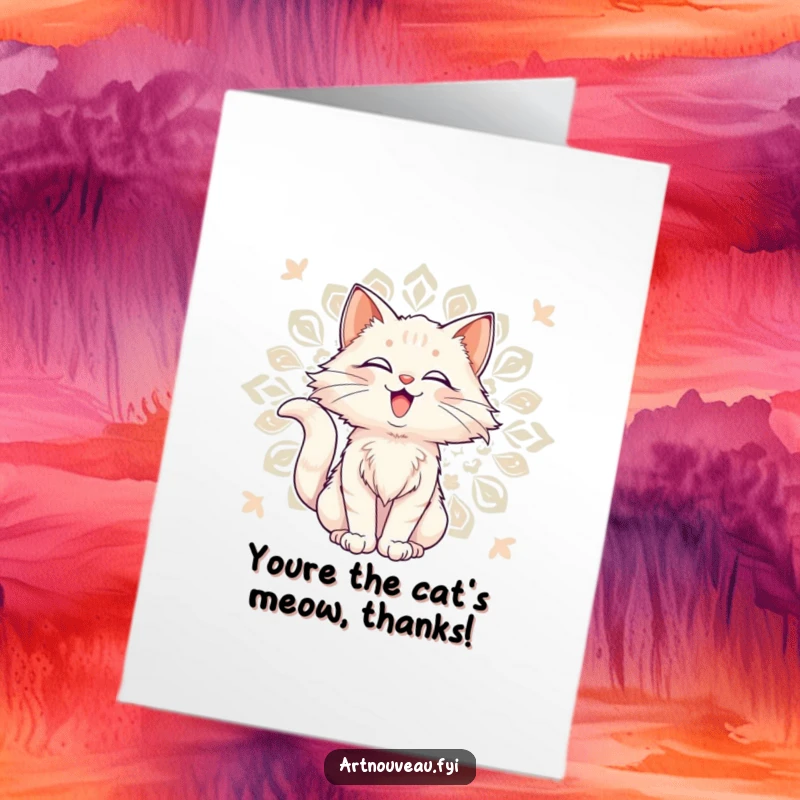 Funny Free Printable Thank You Card: Delighted Cat with flowing fur against a decorative pattern, a cute art nouveau illustration.