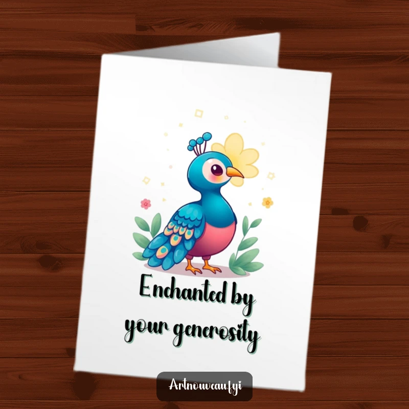 Funny Free Printable Thank You Card featuring a peacock gazing in awe at a softly glowing, magical bloom, expressing wonder and gratitude.