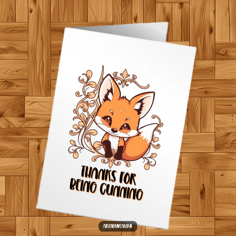 Funny free printable thank you card: A curious fox peeking from behind flowing lines, thanking with a humorous twist.