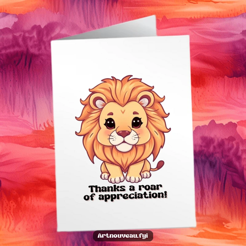 Funny Free Printable Thank You Card featuring a serene lion with a flowing ornate mane, offering a grateful roar, perfect for appreciation.