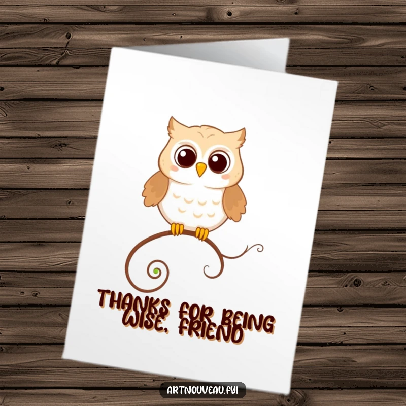 Funny Free Printable Thank You Card: Happy owl perched precariously on a looping tendril.