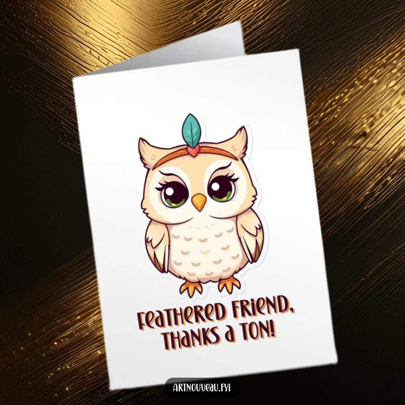 Funny Free Printable Thank You Card: A curious owl with a feathered headband, expressing thanks with a twinkle.