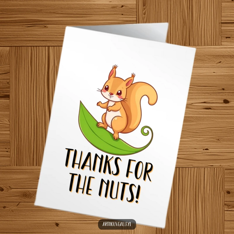 Funny free printable thank you card: A mischievous squirrel balancing on a curling leaf, thanking with humor.