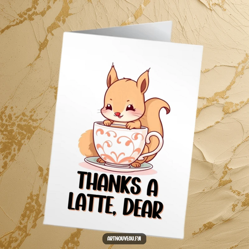 Funny Free Printable Thank You Card: A happy squirrel daintily sips from a decorative, spiraling cup, conveying warm thanks.