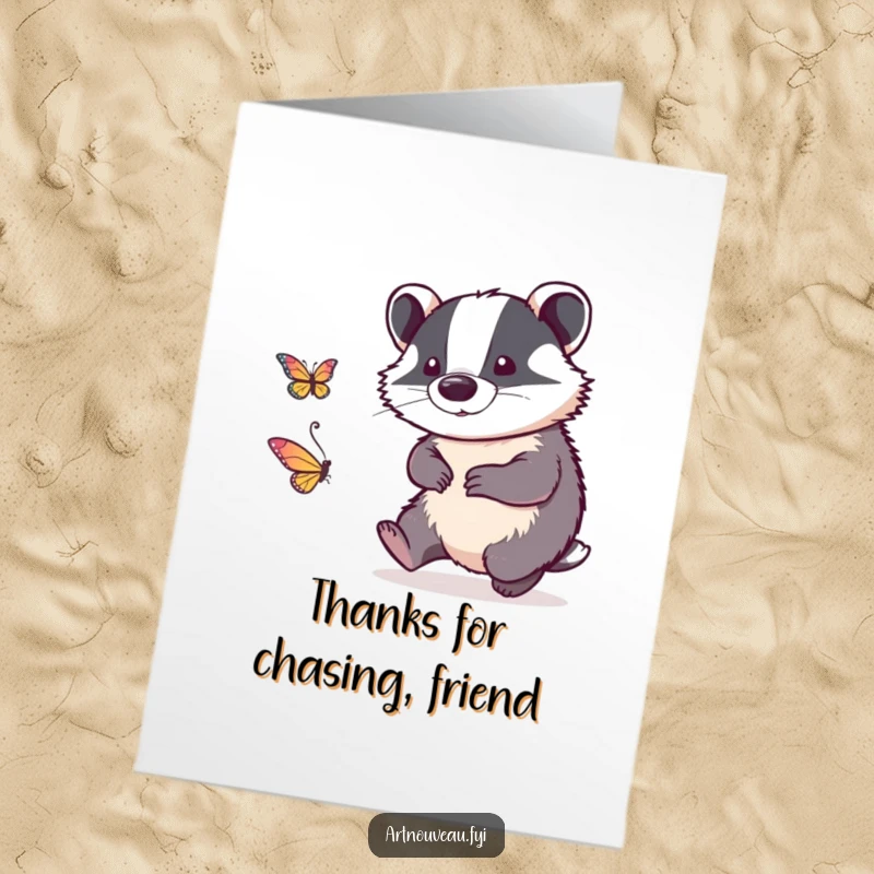 Funny Free Printable Thank You Card: A detailed linework badger playfully pursues a delicate butterfly, adding charm to your thanks.