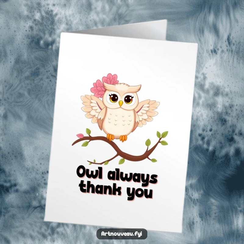 Free Printable Thank You Card: A stylized owl with floral wings perched on a branch, expressing sincere thanks.