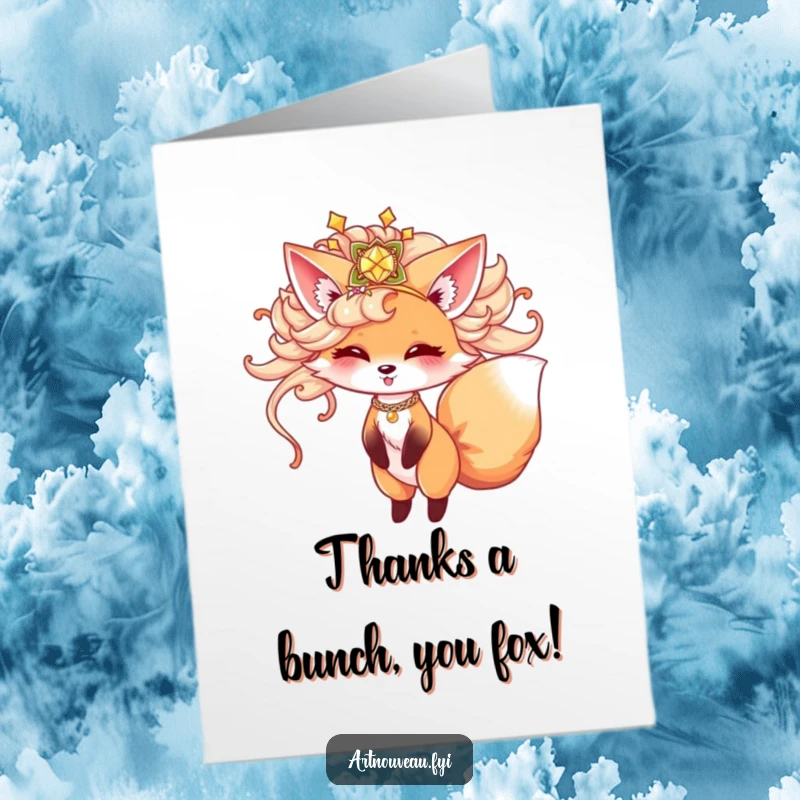 Funny Free Printable Thank You Card: Playful fox with a grand hairpiece doing a happy twirl of gratitude.