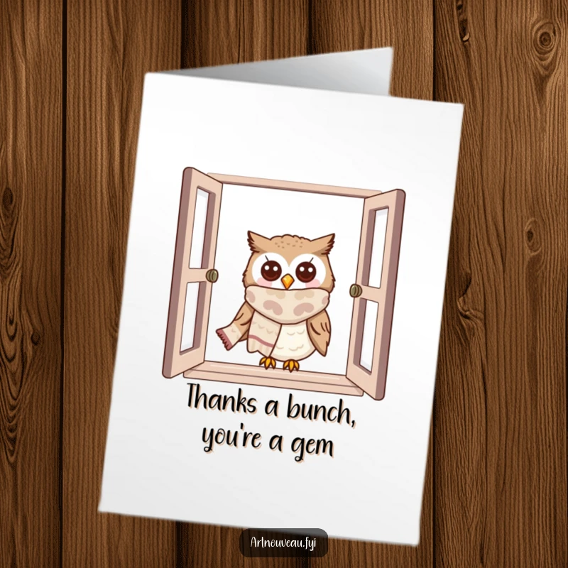 Funny Free Printable Owl Thank You Card: Cute owl in a scarf peeks from a window, expressing thanks with a smile.