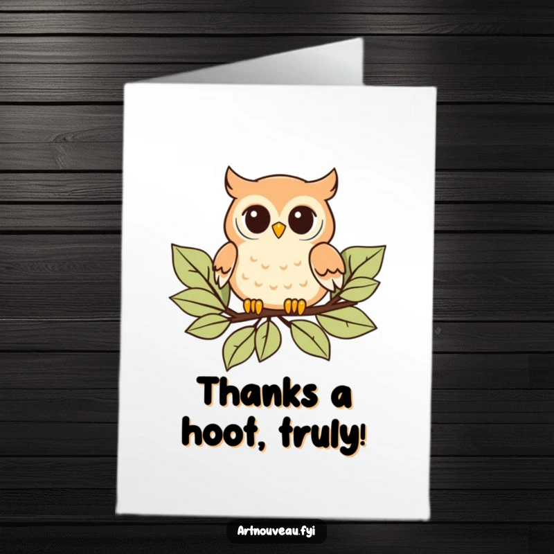 Funny Free Printable Thank You Card: Playful Owl gracefully floating on stylized leaves, a cute art nouveau illustration.