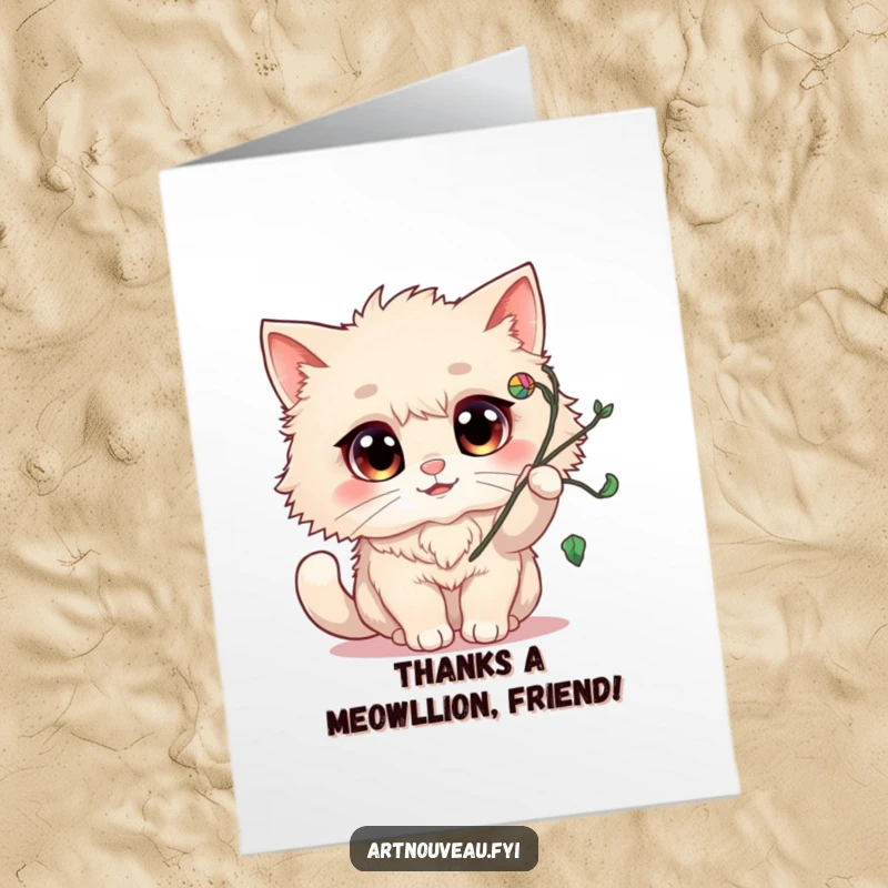 Funny Free Printable Thank You Card: Cheerful fluffy cat playfully batting a vine flourish.