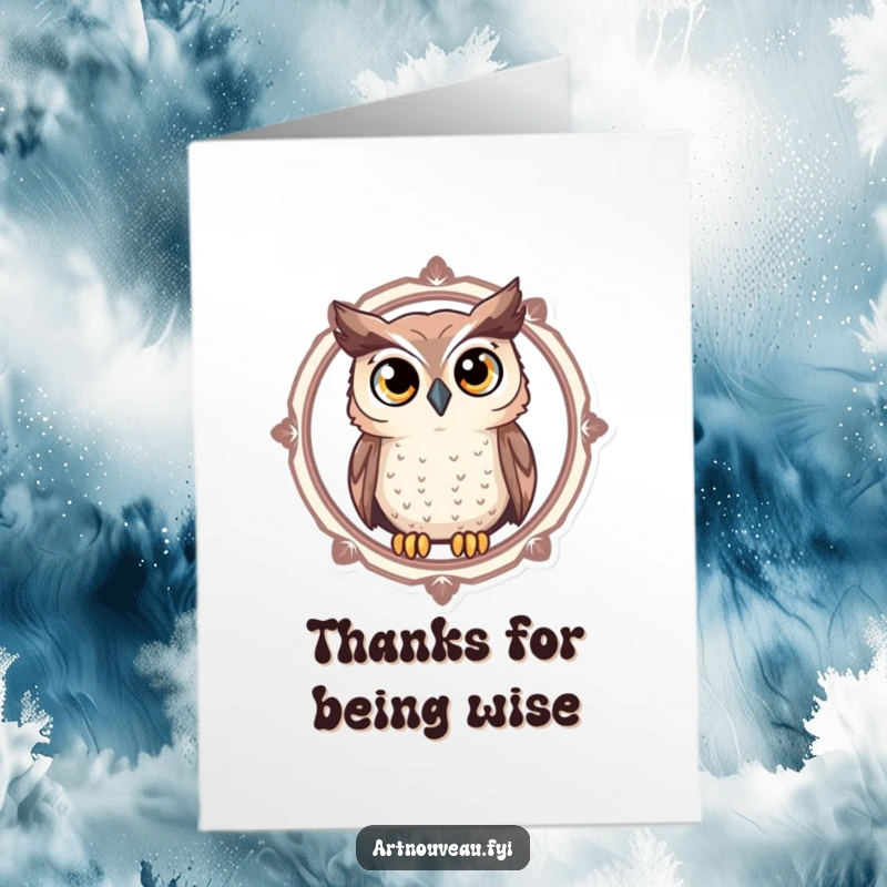 Funny Free Printable Thank You Card featuring a curious owl with expressive eyes looking through a circular frame.