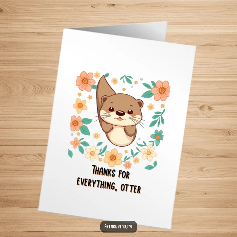 Funny free printable thank you card: A playful otter diving through floral patterns, expressing thanks with humor.