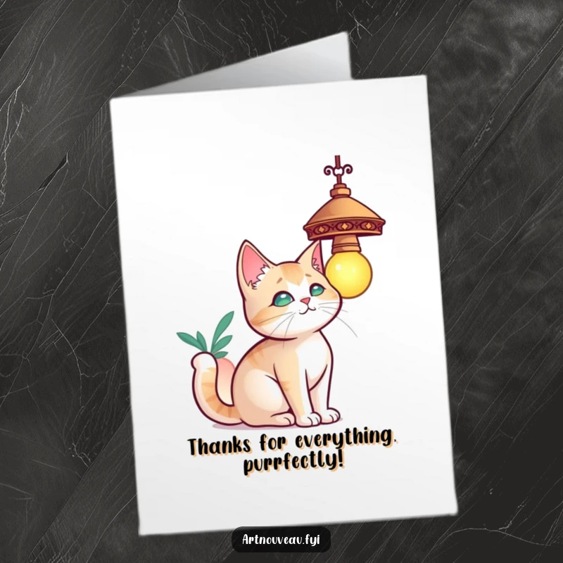 Funny Free Printable Thank You Card: Curious cat batting at a lamp, sending thanks with playful elegance. Chic gratitude.