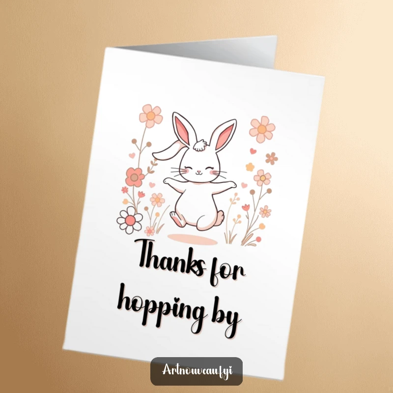 Funny Free Printable Thank You Card of a rabbit dancing among flowers, perfect for sending downloadable gratitude with a smile.