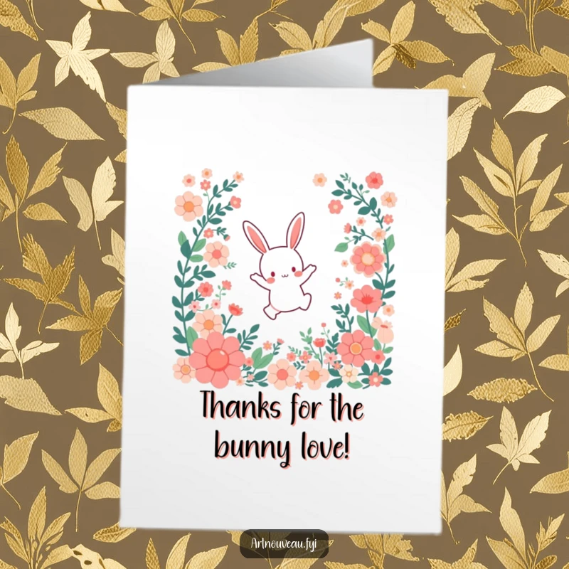 Funny Free Printable Thank You Card: Small bunny leaping joyfully amidst floral patterns.