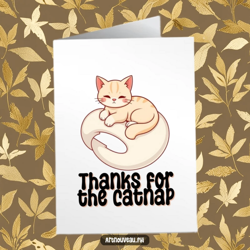Funny free printable thank you card: A graceful cat lounging on a swirl, conveying thanks with humor and style.