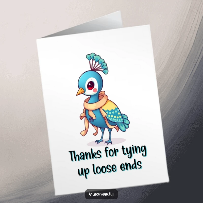 Funny Free Printable Thank You Card of a graceful peacock wearing a decorative, ornate ribbon around its neck, a symbol of appreciation.