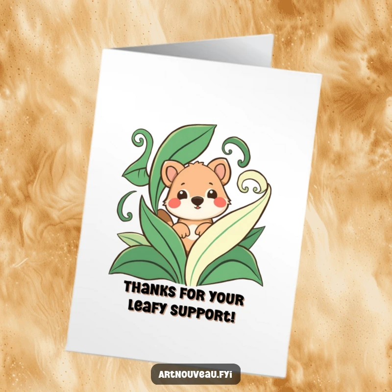 Funny Free Printable Thank You Card: Playful animal winks as it peeks from behind swirling leaves, thanking you.