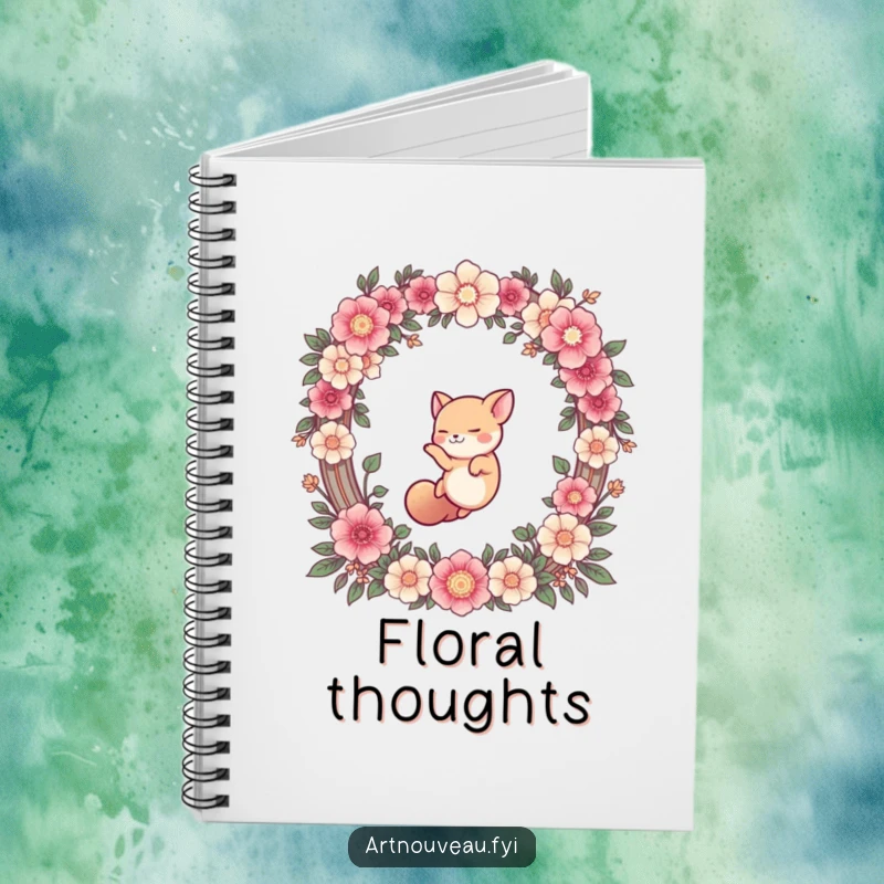 Funny notebook cover with a cute animal gracefully diving through an elaborate floral arch, ideal for journaling with a humorous and artistic flair.