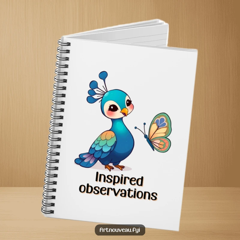Funny Art Nouveau Peacock Notebook adorned with a gentle bird and an art nouveau butterfly, perfect for notes and creative endeavors with artistic humor.