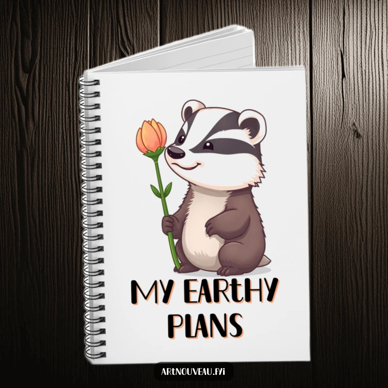 Funny Notebook: A badger with a whimsical grin admiring a dramatically curved flower stem, ideal for creative minds.