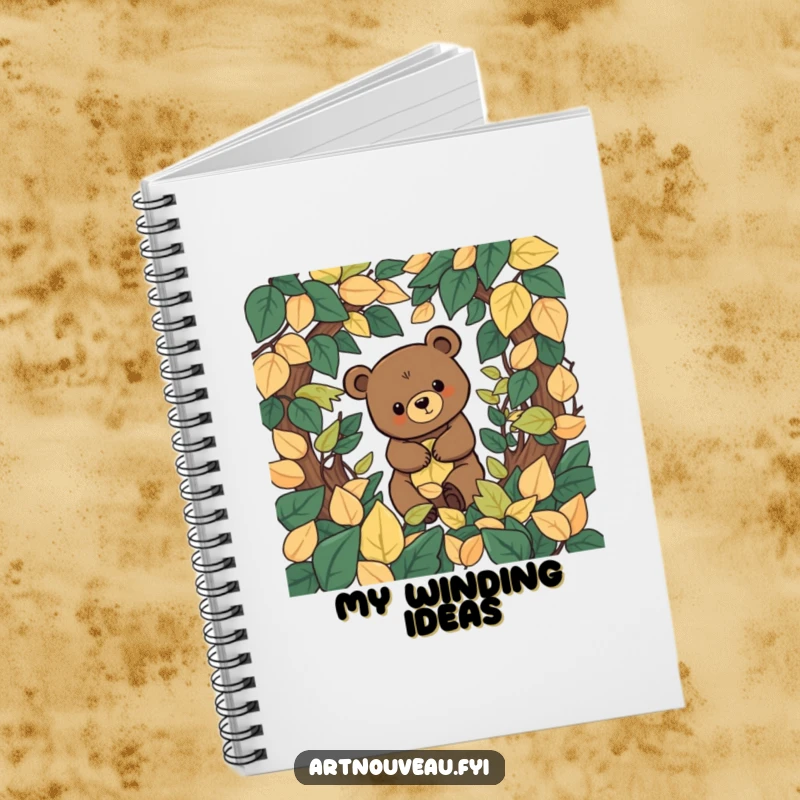 Funny stylized bear with organic shapes exploring a decorative labyrinth of leaves, featured on the cover of a nature-themed notebook.