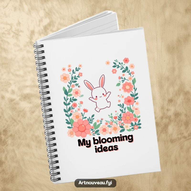 Funny Notebook: A small bunny character leaping joyfully through a cascade of stylized floral patterns, ideal for creative minds.