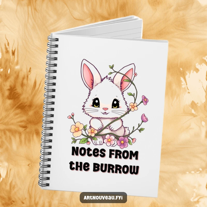 Funny bunny notebook, a fluffy bunny with expressive eyes peeking from a decorative floral vine, stationery item.