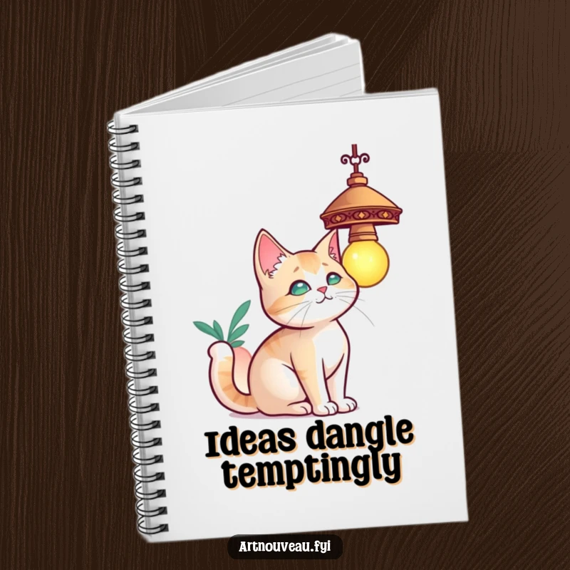 Funny cat notebook, a curious cat with elegant curves batting at a decorative hanging lamp, ideal for notes.