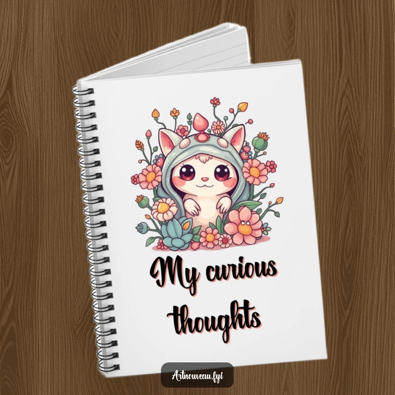 Funny notebook cover with a curious creature peeking from behind elaborate, organic embellishments, perfect for journaling secrets.