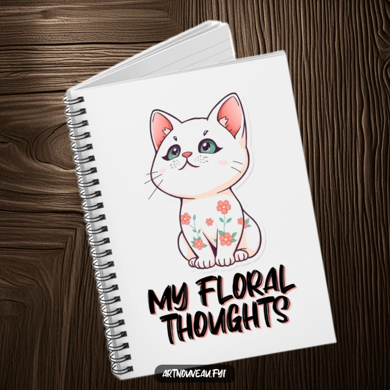 Funny cat notebook, stylized cat with floral fur, gazing upwards, journal, diary, creative writing, unique funny gift.