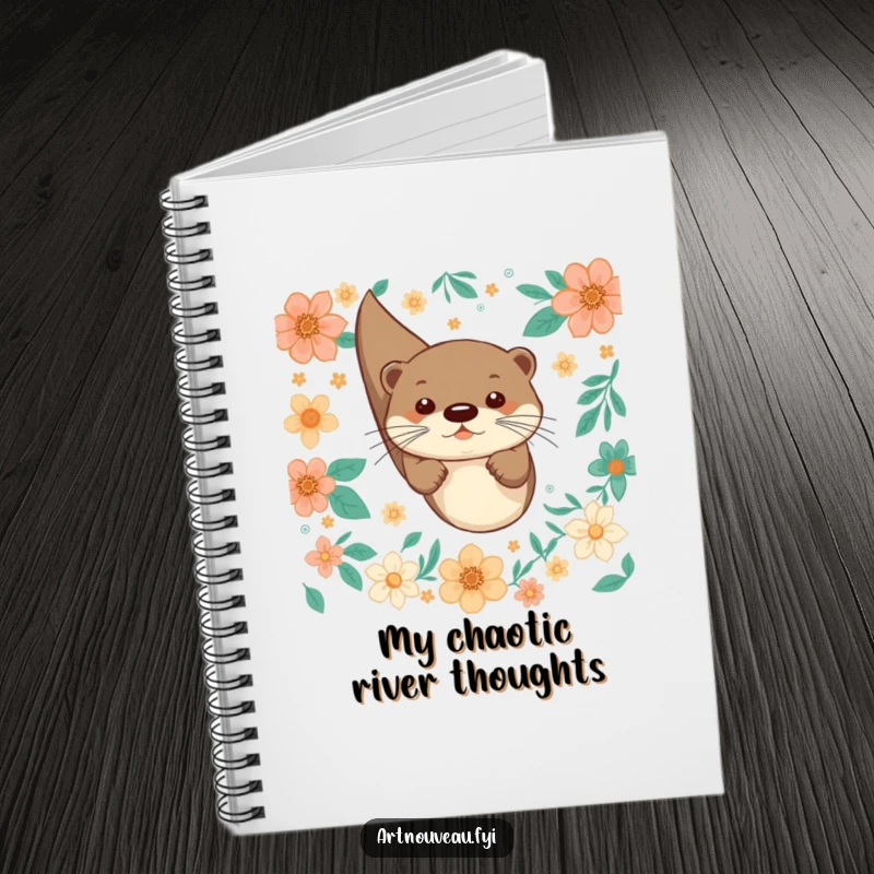 Funny notebook with a playful otter joyfully diving through decorative floral patterns, great for notes and ideas.