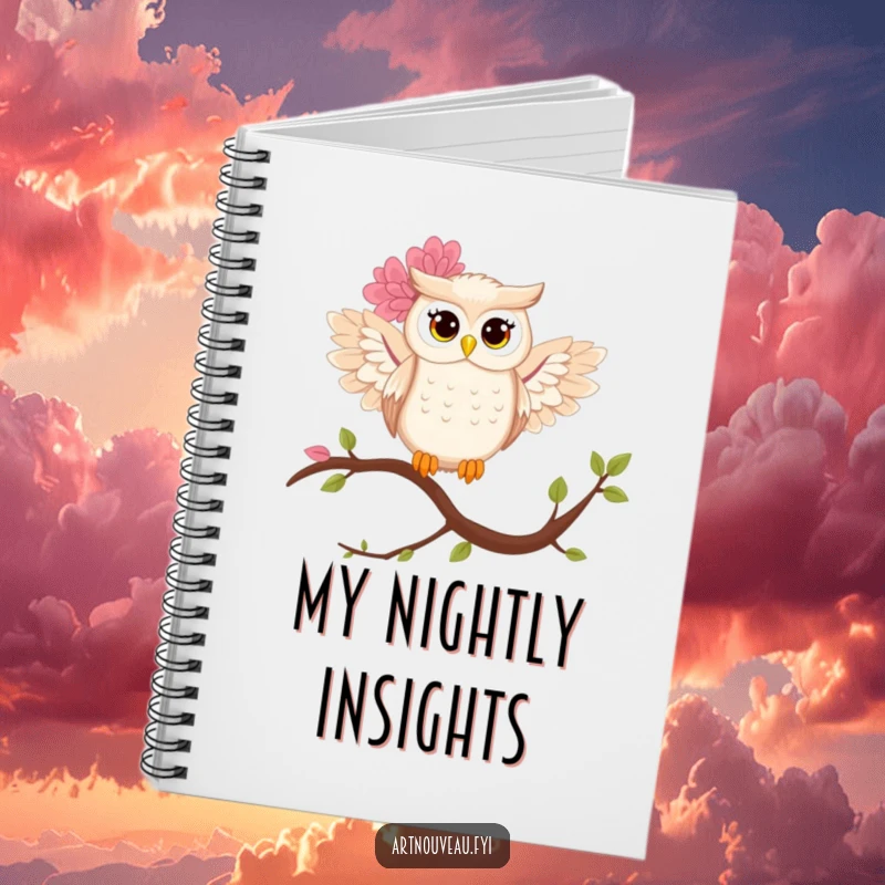 Funny owl notebook featuring a stylized owl with magnificent floral wings, ready to capture your creative thoughts.