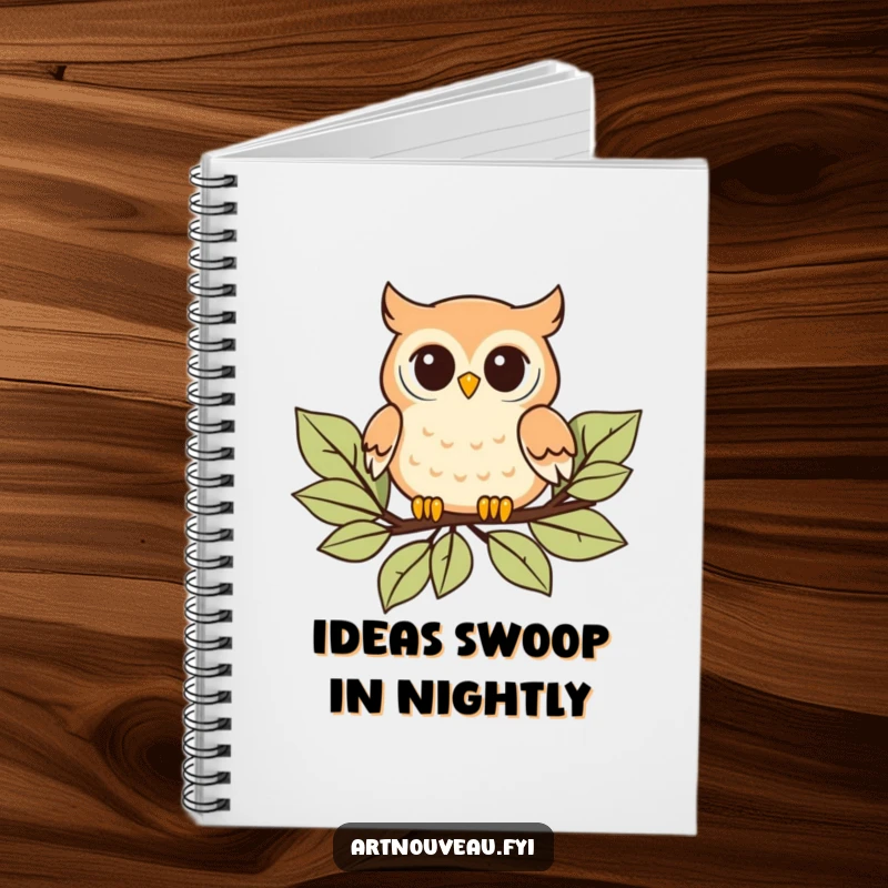 Funny Notebook: Playful owl with curved details floating on stylized leaves, a charming journal for creative thoughts.