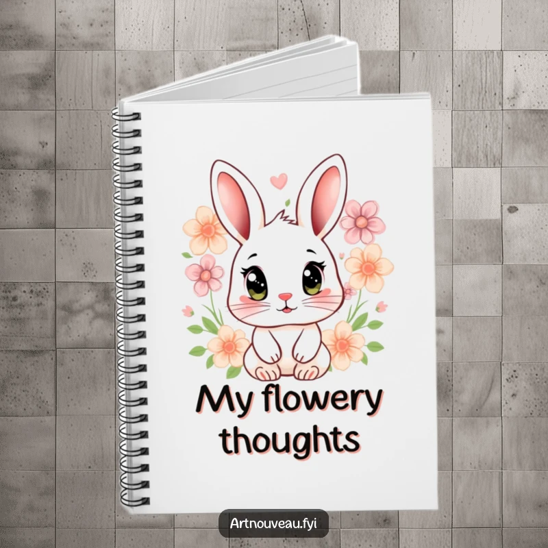 Funny rabbit notebook with a stylized rabbit, expressive eyes, and floral motifs, perfect for writing.