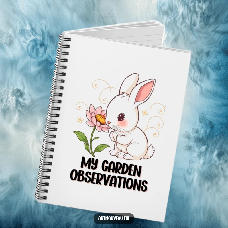 Funny Notebook: Curious rabbit with art nouveau swirls inspecting a detailed flower, a beautiful journal for creative ideas.