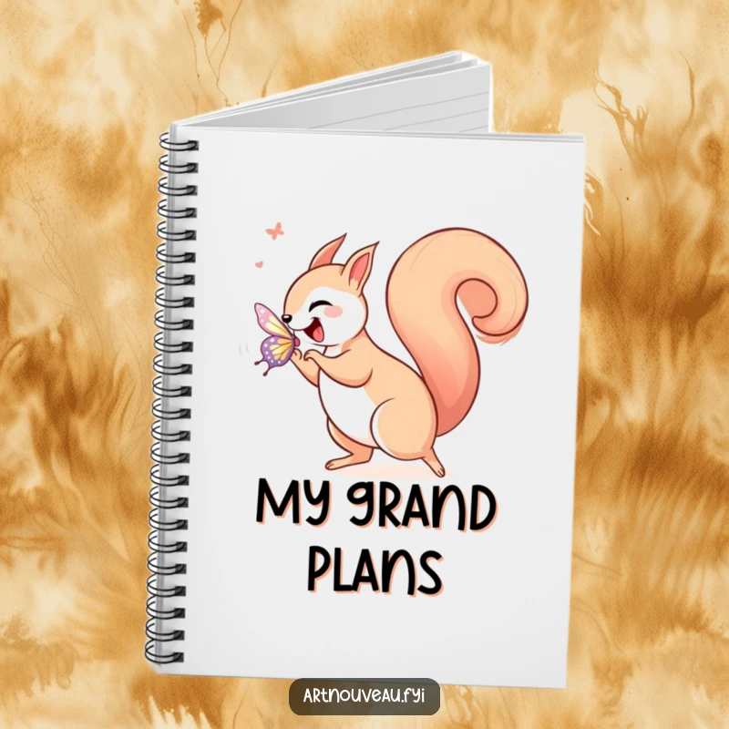 Funny squirrel in art nouveau style, joyfully chasing a shimmering butterfly with a curled tail, featured on the cover of a notebook.