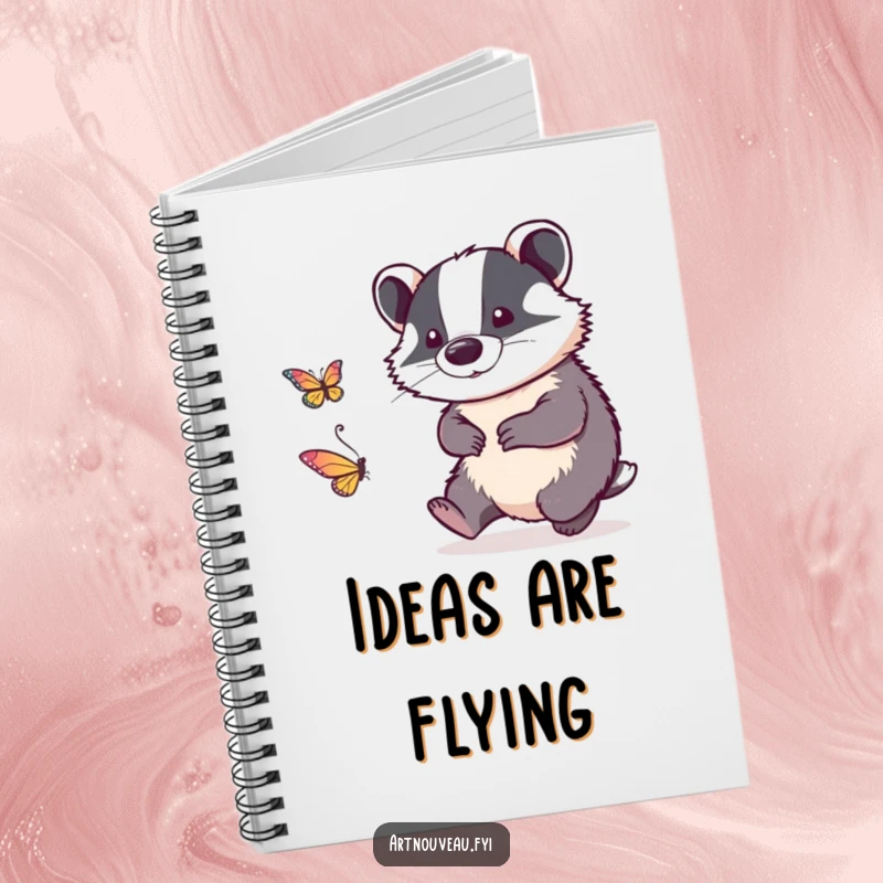 Funny notebook with intricate linework badger playfully chasing a stylized butterfly, ideal for journaling and creative writing.