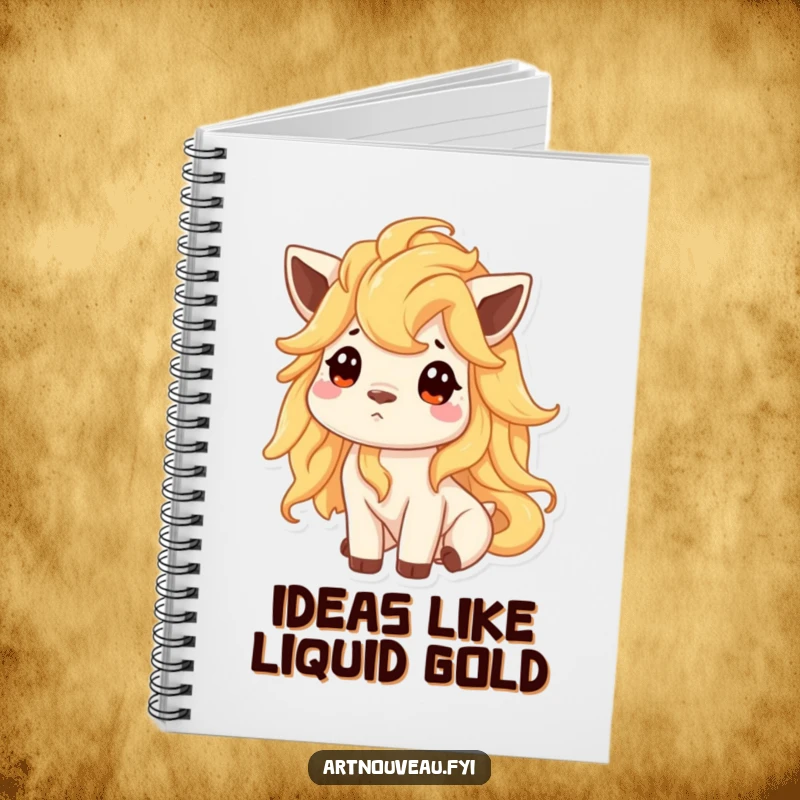 Funny notebook adorned with an animal with a flowing golden mane, looking up curiously, ideal for capturing thoughts.