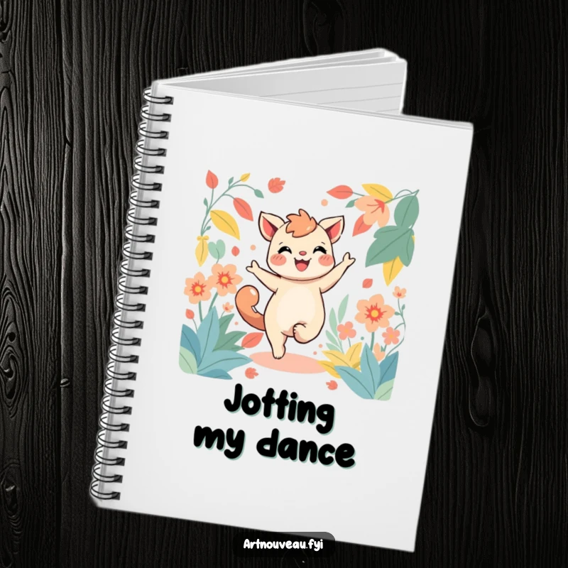 Funny notebook with a cover of a joyful creature dancing amidst stylized, flowing foliage, perfect for creative writing.