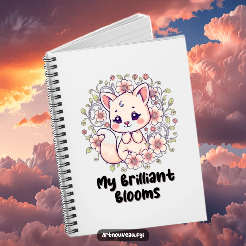 Funny Notebook: A cute fox interacting with intricate, swirling floral designs, ideal for journaling and creative writing.