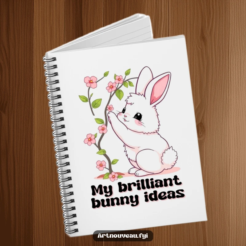 Funny notebook with a fluffy bunny exhibiting elegant curves, reaching for a blooming vine, perfect for journaling and notes.