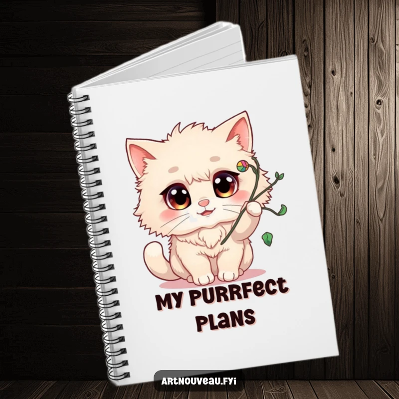 Funny Notebook: A fluffy cat with big, cheerful eyes playfully batting at a swirling flourish, ideal for creative minds.