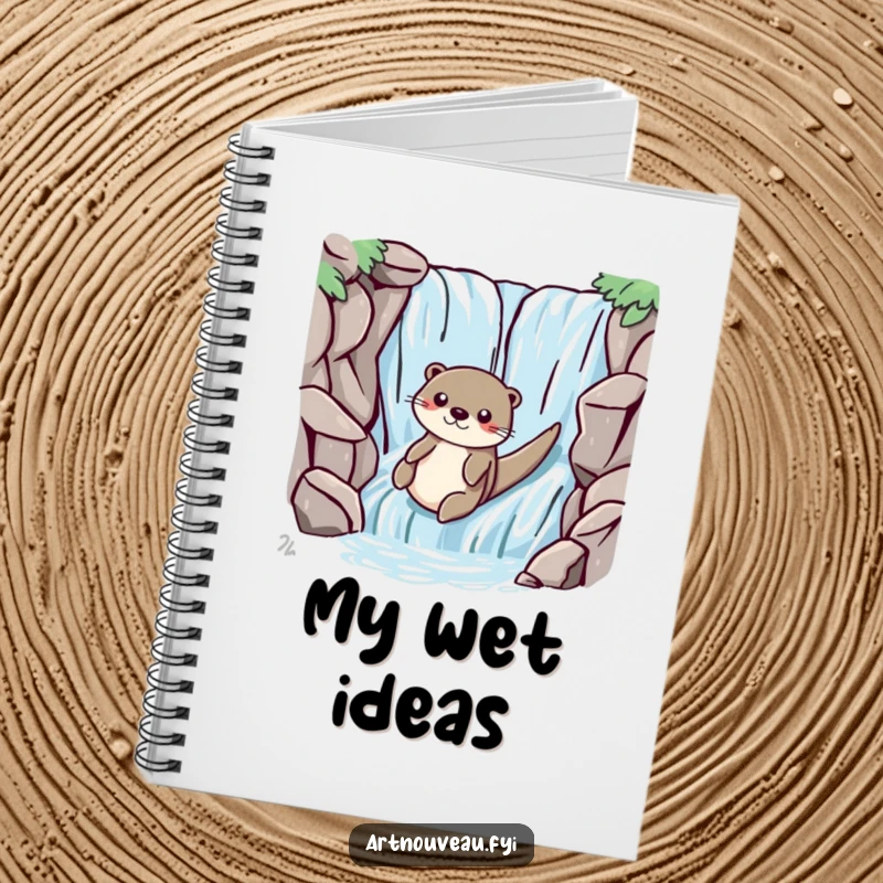 Funny otter with smooth lines playfully sliding down a stylized waterfall, featured on the cover of a playful notebook.