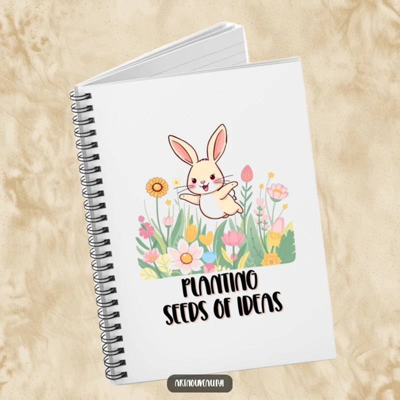 Funny notebook with a smiling hare leaping through a field of beautifully patterned plants, perfect for journaling and nature notes.