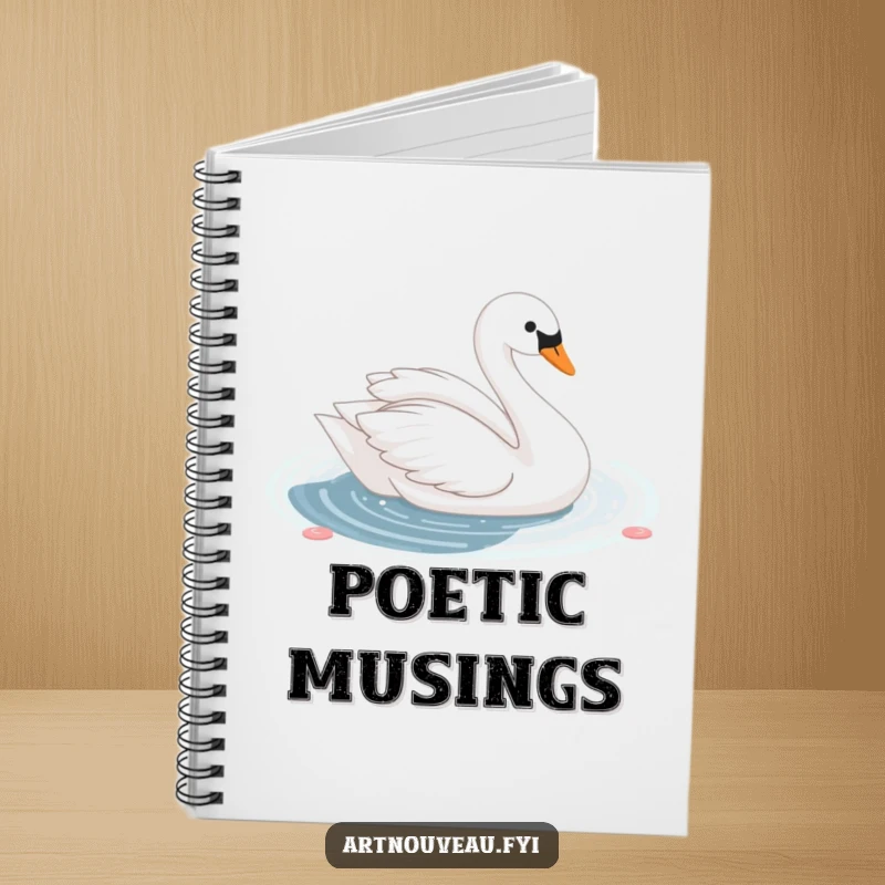 Funny cute swan with elegant curves gliding gracefully on a shimmering decorative pond, featured on the cover of an elegant notebook.