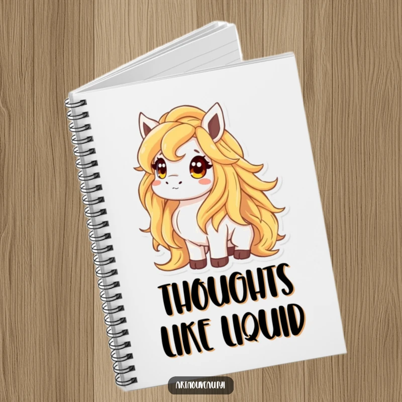 Funny notebook featuring an animal with a flowing mane like liquid gold, looking up curiously, perfect for capturing thoughts with enchanting style.