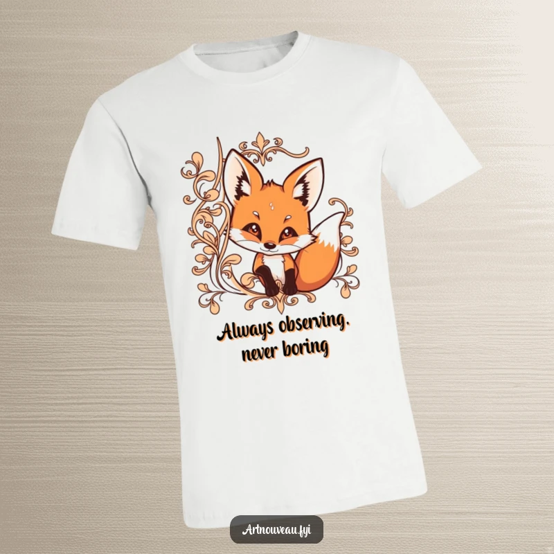 Funny t-shirt featuring a curious fox peeking from behind ornate, flowing lines, embodying playful mystery.